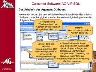 Das Arbeiten des Agenten: Outbound Alternativ nutzen Sie den frei definierbaren interaktiven Gesprächs-   leitfaden. In Abhängigkeit von den Antworten folgt die logisch nach-   folgende Frage: Grobgliederung:  Was kommt auf den Agenten an wesentlichen Gesprächspunkten zu … Historie:  Was ist bislang mit dem Kunden gelaufen? In Abhängigkeit von der Antwort verzweigt die Leitfaden automatisch in die nachfolgende Frage und Bearbeitung. „Ja“ führt zum Adressabgleich und Zusendung des Katalogs. „Nein“ führt zur Verabschiedung und zur Einstufung als „Kein Interesse“ Verlauf: Zeigt den aktuellen Gesprächsverlauf. Der Agent kann jederzeit zu einer bereits durchlaufenen Frage zurück springen. 