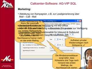 Marketing: Abbildung von Kampagnen, z.B. zur Leadgenerierung über    Mail – Call - Mail Die Mindestverweildauer sorgt dafür, dass frühestens drei Tage nach Versand des ersten Mailings, die Nachfassanrufe starten Wenn die maximale Verweildauer erreicht wird, werden die Adressen direkt zur zweiten Mailingsstufe weiter verschoben. Denn jetzt erinnert sich im Nachfassanruf keiner mehr an das erste Mailing. Aufheben privater Wiedervorlagen nach Zeitspanne „x“ Porto-Optimierung für Deutsche Adressen Serienbrieffunktion in Verbindung mit MS-Office   AG-VIP SQL stellt die fertig aufbereitete Steuerdatei zur Verfügung Komplette Callcenterfunktionalität für Inbound & Outbound   inkl. Dialer, interaktivem Gesprächsleitfaden, etc. 