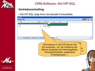 Vertriebscontrolling: AG-VIP SQL zeigt Ihnen die aktuelle Forecastliste Die Felder je Vorgang sind frei definierbar. Aufgrund des Entscheidungsdatums können Sie kalkulieren, mit welchem Umsatz in welchem Monat zu rechnen ist. Informationen in AG-VIP können Sie frei auswerten, z.B. die Verteilung der offenen Angebote auf Verkaufsgebiete, Vertriebsmitarbeiter, angebotene Produktgruppen … 