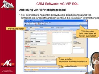 Abbildung von Vertriebsprozessen: Frei definierbare Ansichten (individuell je Bearbeitungsstufe) ver-   einfachen die Arbeit (Mitarbeiter sieht nur die relevanten Informationen) Individuelle Reiter CTI-Integration: Über TAPI wählt Ihr Telefon automatisch Freies Notizfeld:  Information wandert automatisch  in die Kontakthistorie 