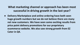 What marketing channel or approach has been most
successful in driving growth in the last year?
● Delivery Marketplace and online ordering have both seen
huge growth numbers but we do not believe there are many
net new customers. We have seen some exciting results from
price point delivery promotions for our proprietary
ecommerce website. We also saw strong growth from EZ
Cater in Q4.
 