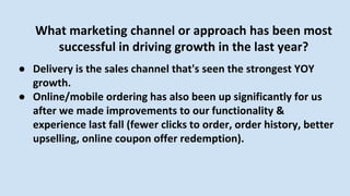 What marketing channel or approach has been most
successful in driving growth in the last year?
● Delivery is the sales channel that's seen the strongest YOY
growth.
● Online/mobile ordering has also been up significantly for us
after we made improvements to our functionality &
experience last fall (fewer clicks to order, order history, better
upselling, online coupon offer redemption).
 