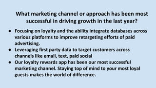 What marketing channel or approach has been most
successful in driving growth in the last year?
● Focusing on loyalty and the ability integrate databases across
various platforms to improve retargeting efforts of paid
advertising.
● Leveraging first party data to target customers across
channels like email, text, paid social
● Our loyalty rewards app has been our most successful
marketing channel. Staying top of mind to your most loyal
guests makes the world of difference.
 