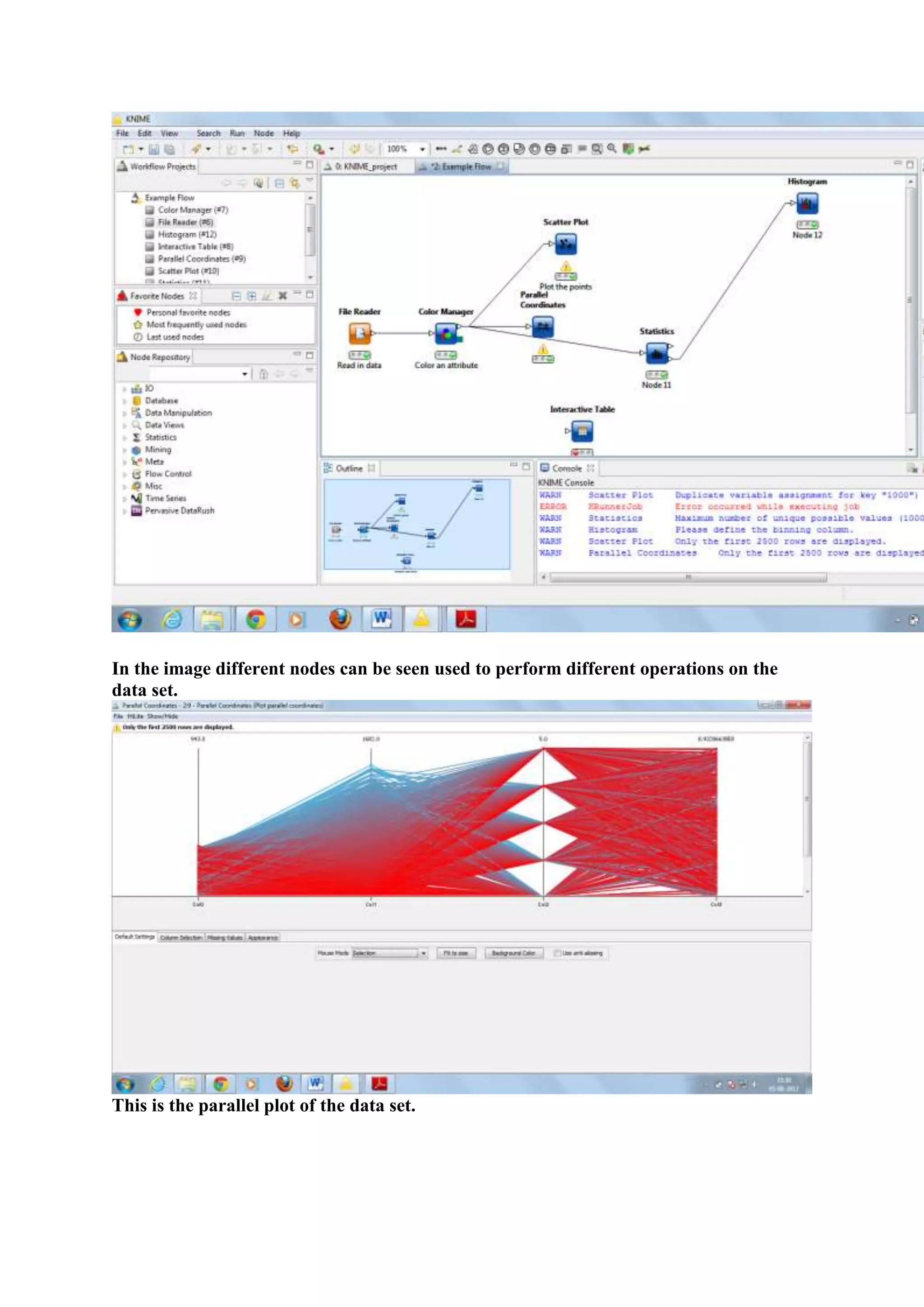In the image different nodes can be seen used to perform different operations on the
data set.




This is the parallel plot of the data set.
 