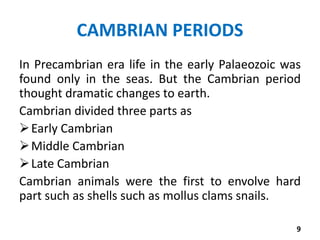 CAMBRIAN PERIODS
In Precambrian era life in the early Palaeozoic was
found only in the seas. But the Cambrian period
thought dramatic changes to earth.
Cambrian divided three parts as
Early Cambrian
Middle Cambrian
Late Cambrian
Cambrian animals were the first to envolve hard
part such as shells such as mollus clams snails.
9
 