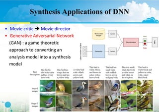 Synthesis Applications of DNN
• Movie critic  Movie director
• Generative Adversarial Network
(GAN) : a game theoretic
ap...