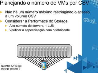 Planejando o número de VMs por CSV 
Não há um número máximo restringindo o acesso 
a um volume CSV 
Considerar a Performace do Storage 
Alto número de servers, 1 LUN 
Verificar a especificação com o fabricante 
Quantos IOPS seu 
storage suporta ? 
 