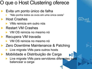 O que o Host Clustering oferece 
Evita um ponto único de falha 
“Não ponha todos os ovos em uma única cesta” 
Host Crashes 
VMs reinicia em outro nós 
Restart VM Crashes 
VM OS reinicia no mesmo nó 
Recupera VM travada 
VM OS reinicia no mesmo nó 
Zero Downtime Maintenance & Patching 
Live migrate VMs para outros hosts 
Mobilidade e Distribuição de Carga 
Live migrate VMs para servidores diferentes para 
balancear a carga 
 