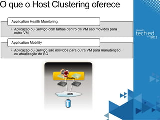 O que o Host Clustering oferece 
• Aplicação ou Serviço com falhas dentro da VM são movidos para 
outra VM 
Cluster 
iSCSI 
Application Health Monitoring 
Application Mobility 
• Aplicação ou Serviço são movidos para outra VM para manutenção 
ou atualização do SO 
 
