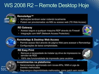 WS 2008 R2 – Remote Desktop HojeRemoteApp™AplicaçõeslembramestarrodandolocalmentePodemserprovisionados via MSI ouacesso web (TS Web Access)RD GatewayAcessoseguro a qualquermaquina RDP através do FirewallIntegração com NAP (Network Access Protection)RemoteApp & Desktop Web AccessPermiteacessofácilatravés de página Web paraacessar o RemoteAppConfigurações de baixacomplexidade.RD Easy PrintRemove a necessidade de instalarqq drive de impressora no servidor de RDS100% das funcionalidade de impressãoparausuáriosInvestimentosnaplataformaGerenciamentoaprimorado com novas APIs, WMI e Logs de eventosmelhoradosSegurança e disponibilidademelhorados, como patch sem restart.