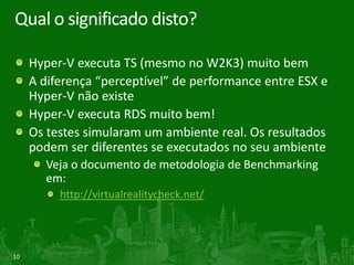 Qual o significado disto?

     Hyper-V executa TS (mesmo no W2K3) muito bem
     A diferença “perceptível” de performance entre ESX e
     Hyper-V não existe
     Hyper-V executa RDS muito bem!
     Os testes simularam um ambiente real. Os resultados
     podem ser diferentes se executados no seu ambiente
       Veja o documento de metodologia de Benchmarking
       em:
          http://virtualrealitycheck.net/




10
 