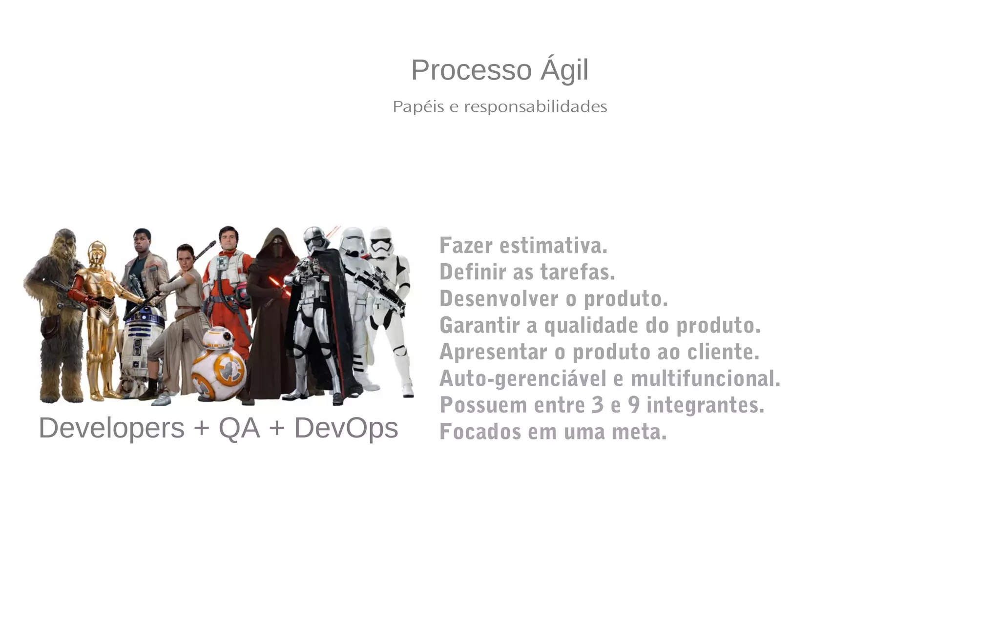Processo Ágil
Papéis e responsabilidades
Fazer estimativa.
Definir as tarefas.
Desenvolver o produto.
Garantir a qualidade do produto.
Apresentar o produto ao cliente.
Auto-gerenciável e multifuncional.
Possuem entre 3 e 9 integrantes.
Focados em uma meta.Developers + QA + DevOps
 