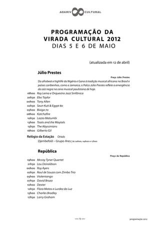 PROGR AMAÇ ÃO DA
              VIR A DA CULT UR AL 
                DIA S  E  DE MAIO

                                                      (atualizada em  de abril)

         Júlio Prestes
                                                                         Praça Júlio Prestes
          Do afrobeat e highlife da Nigéria e Gana à tradição musical africana no Brasil e
          países caribenhos, como a Jamaica, o Palco Júlio Prestes reete a emergência
          da raiz negra na cena musical paulistana de hoje.
h    Ray Lema e Orquestra Jazz Sinfônica
h    Ebo Taylor
h    Tony Allen
h    Seun Kuti  Egypt 
h    Bixiga 
h    Katchare
h    Lazzo Matumbi
h    Toots and the Maytals
 h   The Abyssinians
h    Gilberto Gil

Relógio da Estação     Orixás
         Djembefolá – Grupo Ares | às h, h e h


         República
                                                                        Praça da República
h    Mccoy Tyner Quartet
 h   Lou Donaldson
h    Roy Ayers
h    Raul de Souza com Zimbo Trio
h    Violentango
h    David Broza
h    Dexter
 h   Flora Matos e Lurdez da Luz
h    Charles Bradley
 h   Larry Graham




                                          ——                                                programação 
 