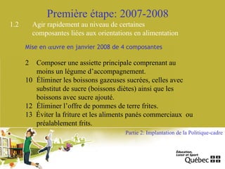 Première étape: 2007-2008
1.2 Agir rapidement au niveau de certaines
composantes liées aux orientations en alimentation
Partie 2: Implantation de la Politique-cadre
Mise en œuvre en janvier 2008 de 4 composantes
2 Composer une assiette principale comprenant au
moins un légume d’accompagnement.
10 Éliminer les boissons gazeuses sucrées, celles avec
substitut de sucre (boissons diètes) ainsi que les
boissons avec sucre ajouté.
12 Éliminer l’offre de pommes de terre frites.
13 Éviter la friture et les aliments panés commerciaux ou
préalablement frits.
 