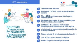 9
5ÈME ORIENTATION
Ateliers citoyens du numérique en santé
Télémédecine et télé-soin
Programme « HOP’EN » pour les établissements
de santé
Plan « ESMS numérique » pour les structures
médico-sociales
Systèmes d’information de gestion de l’Allocation
Personnalisée d’Autonomie (APA)
Certification des systèmes d’information
hospitaliers et déclinaison pour le médico-social
« Lab e-santé » : guichet national de l’innovation du
numérique en santé
Réseau national de structures de santé dites « 3.0 »
Tour de France de la e-santé (17 régions)
18
19
20
21
22
23
24
25
26
SOUTENIR
L’INNOVATION
ET FAVORISER
L’ENGAGEMENT
DES ACTEURS
 