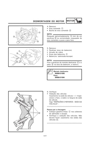 DESMONTAGEM DO MOTOR                  MOTOR

             4. Remova:
             • Eixo comando 1
             • Bucha do eixo comando 2

             NOTA:
             Rosqueie aproximadamente 10 mm de um
             parafuso 3 na extremidade rosqueada do
             eixo comando e puxe-o para fora.



             5.   Remova:
             •    Parafuso (eixo do balancim)
             •    Arruela de cobre
             •    Eixos dos balancins 1
             •    Balancins (admissão/escape)

             NOTA:
             Fixe o parafuso do martelo deslizante 2 e o
             peso 3 no eixo do balancim, e retire-o.



                      Martelo deslizante:
                       90890-01085
                      Peso:
                       90890-01084




             6. Verifique:
             • Vedação das válvulas
                Vazamento na sede da válvula => Inspe-
                cionar a face, a sede e a largura da sede
                da válvula.
                Veja “INSPEÇÕES E REPAROS - SEDE DA
                VÁLVULA”.
             **************************************
             Passos par a checagem:
             • Coloque gasolina limpa 1 nos coletores
               de admissão e escape.
             • Verifique a vedação das válvulas. Não
               deverá haver vazamento nas sedes das
               válvulas 2 .

             **************************************




      4-17
 