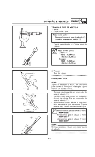 INSPEÇÃO E REPAROS                 MOTOR

         VÁLVULA E GUIA DE VÁLVULA
         1. Meça:
         • Folga haste - guia

           Folga haste - guia =
             Diâmetro interno da guia da válvula a -
             Diâmetro da haste da válvula b

           Fora de especificação => Trocar o guia de
           válvula.

                 Folga (haste - guia):
                  Admissão:
                    0,010 ~ 0,037 mm
                    <Limite>: 0,08 mm
                  Escape:
                    0,025 ~ 0,052 mm
                    <Limite>: 0,10 mm



         2. Troque:
         • Guia de válvula
         **************************************
         Passos para a troca:

         NOTA:
         Aqueça o cabeçote a 100oC em um forno
         para facilitar a remoção e instalação e para
         manter um ajuste correto.
         • Remova o guia usando um removedor de
           guia de válvula 1 .
         • Instale o novo guia usando um instalador
           de guia de válvula 2 e um removedor de
           guia de válvula 1 .
         • Após instalar o guia, alargue o furo usan-
           do o alargador de guia de válvula 3 para
           obter a folga correta entre a haste e o guia.

                Removedor de guia de válvula (7 mm):
                  90890-01225
                Instalador de guia de válvula (7 mm):
                  90890-04017
                Alargador de guia de válvula (7 mm):
                  90890-01227

         NOTA:
         Retifique a sede da válvula após trocar a guia
         da válvula.

         **************************************


  4-20
 