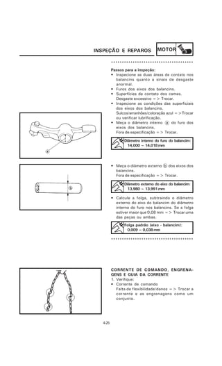 INSPEÇÃO E REPAROS               MOTOR

         **************************************
         Passos para a inspeção:
         • Inspecione as duas áreas de contato nos
           balancins quanto a sinais de desgaste
           anormal.
         • Furos dos eixos dos balancins.
         • Superfícies de contato dos cames.
           Desgaste excessivo => Trocar.
         • Inspecione as condições das superficiais
           dos eixos dos balancins.
           Sulcos/arranhões/coloração azul =>Trocar
           ou verificar lubrificação.
         • Meça o diâmetro interno a do furo dos
           eixos dos balancins.
           Fora de especificação => Trocar.

               Diâmetro interno do furo do balancim:
                14,000 ~ 14,018 mm




         • Meça o diâmetro externo b dos eixos dos
           balancins.
           Fora de especificação => Trocar.

               Diâmetro externo do eixo do balancim:
                13,980 ~ 13,991 mm

         • Calcule a folga, subtraindo o diâmetro
           externo do eixo do balancim do diâmetro
           interno do furo nos balancins. Se a folga
           estiver maior que 0,08 mm => Trocar uma
           das peças ou ambas.
               Folga padrão (eixo - balancim):
                0,009 ~ 0,038 mm

         **************************************




         CORRENTE DE COMANDO, ENGRENA-
         GENS E GUIA DA CORRENTE
         1. Verifique:
         • Corrente de comando
            Falta de flexibilidade/danos => Trocar a
            corrente e as engrenagens como um
            conjunto.




  4-25
 