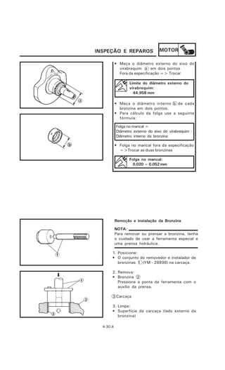 INSPEÇÃO E REPAROS                MOTOR

           • Meça o diâmetro externo do eixo do
             virabrequim a em dois pontos
             Fora da especificação => Trocar

                  Limite do diâmetro externo do
                  virabrequim:
                    44,958 mm

           • Meça o diâmetro interno b de cada
             bronzina em dois pontos.
           • Para cálculo da folga use a seguinte
             fórmula:

           Folga no mancal =
           Diâmetro externo do eixo do virabrequim -
           Diâmetro interno da bronzina

           • Folga no mancal fora da especificação
             =>Trocar as duas bronzinas

                  Folga no mancal:
                   0,020 ~ 0,052 mm




           Remoção e instalação da Bronzina

           NOTA:
           Para remover ou prensar a bronzina, tenha
           o cuidado de usar a ferramenta especial e
           uma prensa hidráulica.

       1. Posicione:
       • O conjunto do removedor e instalador de
          bronzinas 1 (YM - 28898) na carcaça.

       2. Remova:
       • Bronzina 2
          Pressione a ponta da ferramenta com o
          auxílio da prensa.

       3 Carcaça

       3. Limpe:
       • Superfície da carcaça (lado externo da
          bronzina)

  4-30 A
 