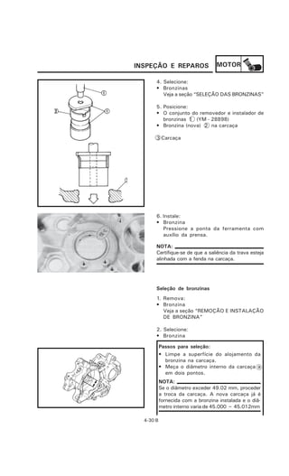 INSPEÇÃO E REPAROS                 MOTOR

       4. Selecione:
       • Bronzinas
          Veja a seção “SELEÇÃO DAS BRONZINAS”

       5. Posicione:
       • O conjunto do removedor e instalador de
          bronzinas 1 (YM - 28898)
       • Bronzina (nova) 2 na carcaça

       3 Carcaça




       6. Instale:
       • Bronzina
          Pressione a ponta da ferramenta com
          auxílio da prensa.

       NOTA:
       Certifique-se de que a saliência da trava esteja
       alinhada com a fenda na carcaça.




       Seleção de bronzinas
       1. Remova:
       • Bronzina
          Veja a seção “REMOÇÃO E INSTALAÇÃO
          DE BRONZINA”

       2. Selecione:
       • Bronzina

           Passos para seleção:
           • Limpe a superfície do alojamento da
             bronzina na carcaça.
           • Meça o diâmetro interno da carcaça a
             em dois pontos.
           NOTA:
           Se o diâmetro exceder 49.02 mm, proceder
           a troca da carcaça. A nova carcaça já é
           fornecida com a bronzina instalada e o diâ-
           metro interno varia de 45.000 ~ 45.012mm

  4-30 B
 