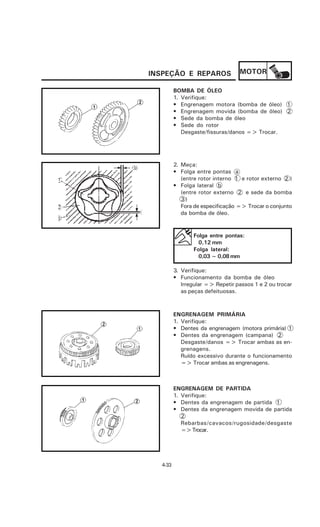INSPEÇÃO E REPAROS                MOTOR

         BOMBA DE ÓLEO
         1. Verifique:
         • Engrenagem motora (bomba de óleo) 1
         • Engrenagem movida (bomba de óleo) 2
         • Sede da bomba de óleo
         • Sede do rotor
            Desgaste/fissuras/danos => Trocar.




         2. Meça:
         • Folga entre pontas a
            (entre rotor interno 1 e rotor externo 2 )
         • Folga lateral b
            (entre rotor externo 2 e sede da bomba
            3)
            Fora de especificação => Trocar o conjunto
            da bomba de óleo.


                Folga entre pontas:
                  0,12 mm
                Folga lateral:
                  0,03 ~ 0,08 mm

         3. Verifique:
         • Funcionamento da bomba de óleo
            Irregular => Repetir passos 1 e 2 ou trocar
            as peças defeituosas.



         ENGRENAGEM PRIMÁRIA
         1. Verifique:
         • Dentes da engrenagem (motora primária) 1
         • Dentes da engrenagem (campana) 2
            Desgaste/danos => Trocar ambas as en-
            grenagens.
            Ruído excessivo durante o funcionamento
            => Trocar ambas as engrenagens.



         ENGRENAGEM DE PARTIDA
         1. Verifique:
         • Dentes da engrenagem de partida 1
         • Dentes da engrenagem movida de partida
            2
            Rebarbas/cavacos/rugosidade/desgaste
            => Trocar.




  4-33
 