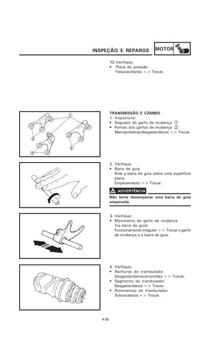 INSPEÇÃO E REPAROS               MOTOR

         10. Verifique:
         • Placa de pressão
             Fissuras/danos => Trocar.




         TRANSMISSÃO E CÂMBIO
         1. Inspecione:
         • Seguidor do garfo de mudança 1
         • Pontas dos garfos de mudança 2
            Marcas/dobras/desgaste/danos => Trocar.




         2. Verifique:
         • Barra de guia
            Role a barra de guia sobre uma superfície
            plana.
            Empenamento => Trocar.

         V ADVERTÊNCIA
         Não tente desempenar uma barra de guia
         empenada.


         3. Verifique:
         • Movimento do garfo de mudança
            (na barra de guia)
            Funcionamento irregular => Trocar o garfo
            de mudança e a barra de guia.




         4. Verifique:
         • Ranhuras do trambulador
            Desgaste/danos/arranhões => Trocar.
         • Segmento do trambulador
            Desgaste/danos => Trocar.
         • Rolamentos do trambulador
            Sulcos/danos => Trocar.




  4-36
 