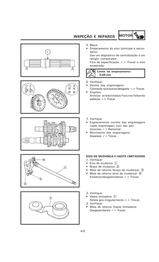 INSPEÇÃO E REPAROS               MOTOR

         5. Meça:
         • Empenamento do eixo (principal e secun-
            dário)
            Use um dispositivo de centralização e um
            relógio comparador.
            Fora de especificação => Trocar o eixo
            empenado.

                 Limite de empenamento:
                   0,06 mm

         6. Verifique:
         • Dentes das engrenagens
            Coloração azul/sulcos/desgaste => Trocar.
         • Engates
            Arestas arredondadas/fissuras/faltando
            pedaços => Trocar.




         7. Verifique:
         • Engrenamento correto das engrenagens
            (cada engrenagem com seu par)
            Incorreto => Remontar.
         • Movimento das engrenagens
            Aspereza => Trocar.




         EIXO DE MUDANÇA E HASTE LIMITADORA
         1. Verifique:
         • Eixo de mudança 1
         • Braço de mudança 2
         • Mola de retorno (braço de mudança) 3
         • Mola de retorno (eixo de mudança) 4
            Empenos/desgaste/danos => Trocar.




         2. Verifique:
         • Haste limitadora 1
            Rolete gira irregularmente => Trocar.
         3. Verifique:
         • Mola de retorno (haste limitadora)
            Desgaste/danos => Trocar.




  4-37
 