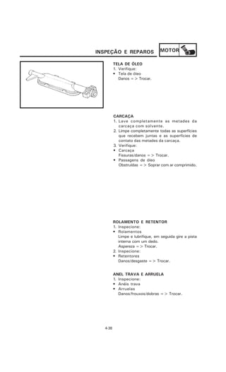 INSPEÇÃO E REPAROS                MOTOR

         TELA DE ÓLEO
         1. Verifique:
         • Tela de óleo
            Danos => Trocar.




         CARCAÇA
         1. Lave completamente as metades da
            carcaça com solvente.
         2. Limpe completamente todas as superfícies
            que recebem juntas e as superfícies de
            contato das metades da carcaça.
         3. Verifique:
         • Carcaça
            Fissuras/danos => Trocar.
         • Passagens de óleo
            Obstruídas => Soprar com ar comprimido.




         ROLAMENTO E RETENTOR
         1. Inspecione:
         • Rolamentos
            Limpe e lubrifique, em seguida gire a pista
            interna com um dedo.
            Aspereza => Trocar.
         2. Inspecione:
         • Retentores
            Danos/desgaste => Trocar.


         ANEL TRAVA E ARRUELA
         1. Inspecione:
         • Anéis trava
         • Arruelas
            Danos/frouxos/dobras => Trocar.




  4-38
 
