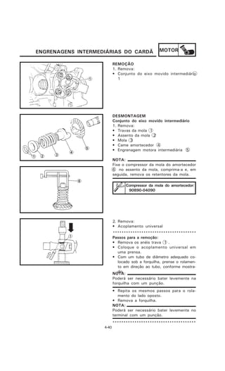 ENGRENAGENS INTERMEDIÁRIAS DO CARDÃ                MOTOR

                           REMOÇÃO
                           1. Remova:
                           • Conjunto do eixo movido intermediário
                              1




                           DESMONTAGEM
                           Conjunto do eixo movido intermediário
                           1. Remova:
                           • Travas da mola 1
                           • Assento da mola 2
                           • Mola 3
                           • Came amortecedor 4
                           • Engrenagem motora intermediária 5

                           NOTA:
                           Fixe o compressor da mola do amortecedor
                           6 no assento da mola, comprima-a e, em
                           seguida, remova os retentores da mola.

                                 Compressor da mola do amortecedor:
                                  90890-04090




                           2. Remova:
                           • Acoplamento universal
                           **************************************
                           Passos para a remoção:
                           • Remova os anéis trava 1 .
                           • Coloque o acoplamento universal em
                             uma prensa.
                           • Com um tubo de diâmetro adequado co-
                             locado sob a forquilha, prense o rolamen-
                             to em direção ao tubo, conforme mostra-
                             do.
                           NOTA:
                           Poderá ser necessário bater levemente na
                           forquilha com um punção.
                           • Repita os mesmos passos para o rola-
                              mento do lado oposto.
                           • Remova a forquilha.
                           NOTA:
                           Poderá ser necessário bater levemente no
                           terminal com um punção.
                           **************************************
                    4-40
 