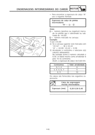 ENGRENAGENS INTERMEDIÁRIAS DO CARDÃ                MOTOR

                           • Para encontrar a espessura do calço “A”
                             use a seguinte fórmula.

                             Espessura do calço do pinhão
                             intermediário:
                                         “A” = a - b

                           Onde:
                           a = número (positivo ou negativo) marca-
                              do no pinhão que é adicionado ou sub-
                              traído de “44,00”.
                           b = número marcado na carcaça.
                           Exemplo:
                           1) a é 44,00
                           2) Se a carcaça superior está marcada com
                              “43 42” ..... b é 43,42
                              “A” = 44,00 - 43,42 = 0,58
                           3) Arredonde o centésimo e selecione o(s)
                              calço(s) adequado(s).
                              No exemplo acima o número calculado é
                              0,58. A tabela mostra como arredondar 8
                              para 10 no centésimo.
                              Assim, a espessura do calço é de 0,60 mm.

                               Centésimos         Valor arredondado
                                  0, 1, 2                  0
                               3, 4, 5, 6, 7               5
                                   8, 9                   10

                           Os calços são fornecidos nas seguintes es-
                           pessuras.

                                         Calço da engrenagem
                                         movida intermediária:

                             Espessura (mm)        0,20 0,30 0,40


                           **************************************




                    4-46
 