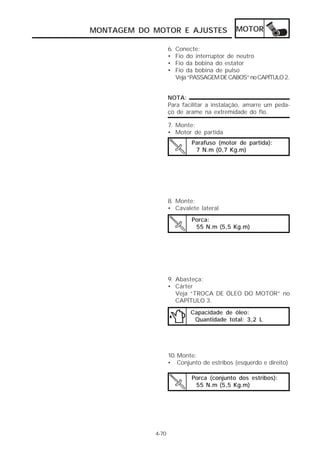 MONTAGEM DO MOTOR E AJUSTES                 MOTOR

                   6.   Conecte:
                   •    Fio do interruptor de neutro
                   •    Fio da bobina do estator
                   •    Fio da bobina de pulso
                        Veja “PASSAGEM DE CABOS” no CAPÍTULO 2.


                   NOTA:
                   Para facilitar a instalação, amarre um peda-
                   ço de arame na extremidade do fio.

                   7. Monte:
                   • Motor de partida
                             Parafuso (motor de partida):
                              7 N.m (0,7 Kg.m)




                   8. Monte:
                   • Cavalete lateral
                             Porca:
                              55 N.m (5,5 Kg.m)




                   9. Abasteça:
                   • Cárter
                      Veja “TROCA DE ÓLEO DO MOTOR” no
                      CAPÍTULO 3.

                             Capacidade de óleo:
                              Quantidade total: 3,2 L




                   10. Monte:
                   • Conjunto de estribos (esquerdo e direito)

                             Porca (conjunto dos estribos):
                              55 N.m (5,5 Kg.m)




            4-70
 