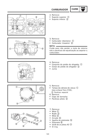CARBURADOR            CARB

      2. Remova:
      • Suporte superior 1
      • Suporte inferior 2




      3. Remova:
      • Carburador (dianteiro) 1
      • Carburador (traseiro) 2
      NOTA:
      Cuide para não perder a mola de retorno
      sob o parafuso de equalização ao separar o
      carburador.




      4.   Remova:
      •    Conjunto do pistão do afogador 1
      •    Corpo do pistão do afogador 2
      •    Junta




      5. Remova:
      • Tampa da câmara de vácuo 1
         Use a chave Torx (T25).
           2 Parafuso especial
      6. Remova:
      • Capa de borracha
      • Parafuso piloto 3




      7.   Remova:
      •    Mola 1
      •    Bujão 2
      •    Mola 3
      •    Arruela 4
      •    Agulha do pistonete 5
      •    Pistonete 6
      •    Giclê de ar piloto #2 7
      •    O-ring


5-3
 