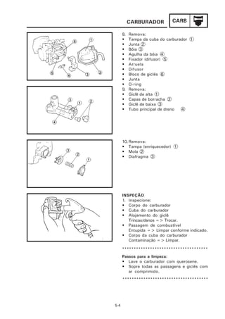 CARBURADOR         CARB

      8.   Remova:
      •    Tampa da cuba do carburador 1
      •    Junta 2
      •    Bóia 3
      •    Agulha da bóia 4
      •    Fixador (difusor) 5
      •    Arruela
      •    Difusor
      •    Bloco de giclês 6
      •    Junta
      •    O-ring
      9.   Remova:
      •    Giclê de alta 1
      •    Capas de borracha 2
      •    Giclê de baixa 3
      •    Tubo principal de dreno 4




      10. Remova:
      • Tampa (enriquecedor) 1
      • Mola 2
      • Diafragma 3




      INSPEÇÃO
      1. Inspecione:
      • Corpo do carburador
      • Cuba do carburador
      • Alojamento do giclê
         Trincas/danos => Trocar.
      • Passagem de combustível
         Entupida => Limpar conforme indicado.
      • Corpo da cuba do carburador
         Contaminação => Limpar.

      *************************************
      Passos para a limpeza:
      • Lave o carburador com querosene.
      • Sopre todas as passagens e giclês com
         ar comprimido.
      *************************************




5-4
 
