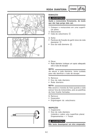 RODA DIANTEIRA                  CHAS

      REMOÇÃO
      V ADVERTENCIA
      Apóie a motocicleta firmemente, de modo
      que não haja perigo dela cair.

      1. Coloque a motocicleta em uma superfí-
         cie plana.
      2. Desconecte:
      • Cabo do velocímetro 1

      3. Solte:
      • Parafuso de fixação do garfo (eixo da roda
         dianteira) 1
      • Eixo da roda dianteira 2




      4. Eleve:
      • Roda dianteira (coloque um apoio adequado
         sob o tubo de escape)
      NOTA:
      Ao elevar a roda dianteira, tome cuidado
      para não danificar o tubo de escape.

      5. Remova:
      • Eixo da roda dianteira
      • Roda dianteira
      NOTA:
      Não acione o manete do freio quando a roda
      estiver fora da motocicleta, pois as pastilhas
      de freio ficarão fechadas.

      6. Remova:
      • Espaçador
      • Engrenagem do velocímetro



      INSPEÇÃO
      1. Inspecione:
      • Eixo da roda dianteira
         (rolando-o sobre uma superfície plana)
         Empenamentos => Trocar.

      V ADVERTÊNCIA
      Não tente desempenar um eixo empenado.



6-2
 