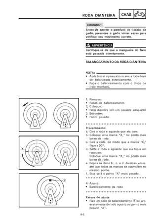 RODA DIANTEIRA                  CHAS

      CUIDADO:
      Antes de apertar o parafuso de fixação do
      garfo, pressione o garfo várias vezes para
      verificar seu movimento correto.


      V ADVERTÊNCIA
      Certifique-se de que a mangueira do freio
      está passada corretamente.

      BALANCEAMENTO DA RODA DIANTEIRA


      NOTA:
      • Após trocar o pneu e/ou o aro, a roda deve
        ser balanceada estaticamente.
      • Faça o balanceamento com o disco de
        freio montado.



      1.   Remova:
      •    Pesos de balanceamento
      2.   Coloque:
      •    Roda dianteira (em um cavalete adequado)
      3.   Encontre:
      •    Ponto pesado

      **************************************
      Procedimento:
      a. Gire a roda e aguarde que ela pare.
      b. Coloque uma marca “X1” no ponto mais
         baixo da roda.
      c. Gire a roda, de modo que a marca “X1”
         fique a 90°.
      d. Solte a roda e aguarde que ela fique em
         repouso.
         Coloque uma marca “X2” no ponto mais
         baixo da roda.
      e. Repita os itens b., c. e d. diversas vezes,
         até que todas as marcas se acumulem no
         mesmo ponto.
      f. Este será o ponto “X” mais pesado.
      **************************************
      4. Ajuste:
      • Balanceamento da roda
      **************************************
      Passos de ajuste:
      • Fixe um peso de balanceamento 1 no aro,
        exatamente do lado oposto ao ponto mais
        pesado “X”.

6-5
 