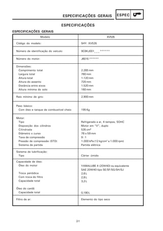 ESPECIFICAÇÕES GERAIS                    ESPEC

                                  ESPECIFICAÇÕES
ESPECIFICAÇÕES GERAIS
                     Modelo                                         XV535

 Código do modelo:                               5HY: XV535

 Número de identificação do veículo:             9C6KJ001_ _ _ ******

 Número do motor:                                J601E-******

 Dimensões:
  Comprimento total                              2.285 mm
  Largura total                                  780 mm
  Altura total                                   1.120 mm
  Altura do assento                              720 mm
  Distância entre eixos                          1.520 mm
  Altura mínima do solo                          160 mm

 Raio mínimo de giro:                            2.900 mm


 Peso básico:
  Com óleo e tanque de combustível cheio         195 Kg


 Motor:
  Tipo                                           Refrigerado a ar, 4 tempos, SOHC
  Disposição dos cilindros                       Motor em “V”, duplo
  Cilindrada                                     535 cm3
  Diâmetro x curso                               76 x 59 mm
  Taxa de compressão                             9:1
  Pressão de compressão (STD)                    1.000 kPa (12 kg/cm2 a 1.000 rpm)
  Sistema de partida                             Partida elétrica

 Sistema de lubrificação:
   Tipo                                          Cárter úmido

 Capacidade de óleo:
  Óleo do motor                                  YAMALUBE 4 (20W40) ou equivalente
                                                 SAE 20W40 tipo SE/SF/SG/SH/SJ
   Troca periódica                               2,6 L
   Com troca do filtro                           2,8 L
   Capacidade total                              3,2 L

 Óleo do cardã
  Capacidade total                               0,190 L

 Filtro de ar:                                   Elemento do tipo seco




                                           2-1
 