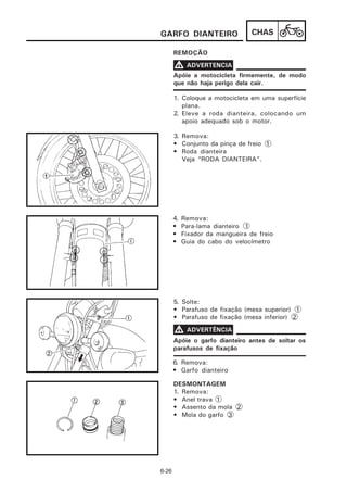 GARFO DIANTEIRO                   CHAS

       REMOÇÃO

       V ADVERTENCIA
       Apóie a motocicleta firmemente, de modo
       que não haja perigo dela cair.

       1. Coloque a motocicleta em uma superfície
          plana.
       2. Eleve a roda dianteira, colocando um
          apoio adequado sob o motor.

       3. Remova:
       • Conjunto da pinça de freio 1
       • Roda dianteira
          Veja “RODA DIANTEIRA”.




       4.   Remova:
       •    Para-lama dianteiro 1
       •    Fixador da mangueira de freio
       •    Guia do cabo do velocímetro




       5. Solte:
       • Parafuso de fixação (mesa superior) 1
       • Parafuso de fixação (mesa inferior) 2

       V ADVERTÊNCIA
       Apóie o garfo dianteiro antes de soltar os
       parafusos de fixação

       6. Remova:
       • Garfo dianteiro

       DESMONTAGEM
       1. Remova:
       • Anel trava 1
       • Assento da mola 2
       • Mola do garfo 3




6-26
 
