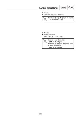 GARFO DIANTEIRO                 CHAS

       4. Monte:
       • Conjunto da pinça de freio
               Parafuso (conj. da pinça de freio):
                35 N.m (3,5 Kg.m)




       5. Monte:
       • Roda dianteira
          Veja “RODA DIANTEIRA”.

              Eixo da roda dianteira:
                58 N.m (5,8 Kg.m)
              Parafuso de fixação do garfo (eixo
              da roda dianteira):
                23 N.m (2,3 Kg.m)




6-32
 