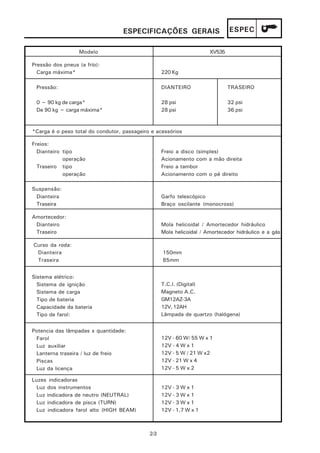 ESPECIFICAÇÕES GERAIS                      ESPEC

                  Modelo                                              XV535

Pressão dos pneus (a frío):
  Carga máxima*                                    220 Kg

 Pressão:                                          DIANTEIRO                  TRASEIRO

 0 ~ 90 kg de carga*                               28 psi                     32 psi
 De 90 kg ~ carga máxima*                          28 psi                     36 psi


*Carga é o peso total do condutor, passageiro e acessórios

Freios:
  Dianteiro tipo                                   Freio a disco (simples)
            operação                               Acionamento com a mão direita
  Traseiro tipo                                    Freio a tambor
            operação                               Acionamento com o pé direito

Suspensão:
 Dianteira                                         Garfo telescópico
 Traseira                                          Braço oscilante (monocross)

Amortecedor:
 Dianteiro                                         Mola helicoidal / Amortecedor hidráulico
 Traseiro                                          Mola helicoidal / Amortecedor hidráulico e a gás

Curso da roda:
 Dianteira                                         150mm
 Traseira                                          85mm


Sistema elétrico:
  Sistema de ignição                               T.C.I. (Digital)
  Sistema de carga                                 Magneto A.C.
  Tipo de bateria                                  GM12AZ-3A
  Capacidade da bateria                            12V, 12AH
  Tipo de farol:                                   Lâmpada de quartzo (halógena)


Potencia das lâmpadas x quantidade:
 Farol                                             12V - 60 W/ 55 W x 1
 Luz auxiliar                                      12V - 4 W x 1
 Lanterna traseira / luz de freio                  12V - 5 W / 21 W x2
 Piscas                                            12V - 21 W x 4
 Luz da licença                                    12V - 5 W x 2

Luzes indicadoras
  Luz dos instrumentos                             12V - 3 W x 1
  Luz indicadora de neutro (NEUTRAL)               12V - 3 W x 1
  Luz indicadora de pisca (TURN)                   12V - 3 W x 1
  Luz indicadora farol alto (HIGH BEAM)            12V - 1,7 W x 1



                                             2-3
 