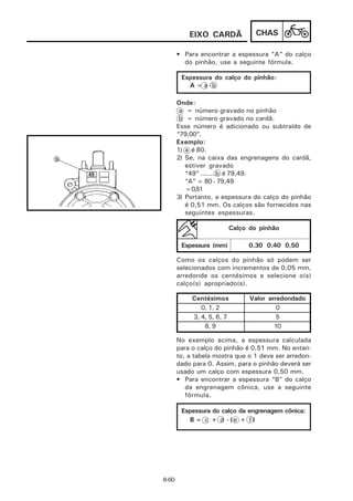 EIXO CARDÃ            CHAS

       • Para encontrar a espessura “A” do calço
         do pinhão, use a seguinte fórmula.

        Espessura do calço do pinhão:
          A=a-b

       Onde:
        a = número gravado no pinhão
        b = número gravado no cardã.
       Esse número é adicionado ou subtraído de
       “79,00”.
       Exemplo:
       1) a é 80.
       2) Se, na caixa das engrenagens do cardã,
          estiver gravado
          “49” ....... b é 79,49.
          “A” = 80 - 79,49
          =0,51
       3) Portanto, a espessura do calço do pinhão
          é 0,51 mm. Os calços são fornecidos nas
          seguintes espessuras.

                         Calço do pinhão

        Espessura (mm)         0,30 0,40 0,50

       Como os calços do pinhão só podem ser
       selecionados com incrementos de 0,05 mm,
       arredonde os centésimos e selecione o(s)
       calço(s) apropriado(s).

            Centésimos         Valor arredondado
               0, 1, 2                  0
            3, 4, 5, 6, 7               5
                8, 9                   10

       No exemplo acima, a espessura calculada
       para o calço do pinhão é 0,51 mm. No entan-
       to, a tabela mostra que o 1 deve ser arredon-
       dado para 0. Assim, para o pinhão deverá ser
       usado um calço com espessura 0,50 mm.
       • Para encontrar a espessura “B” do calço
          da engrenagem cônica, use a seguinte
          fórmula.

        Espessura do calço da engrenagem cônica:
          B= c + d -(e + f)




6-60
 