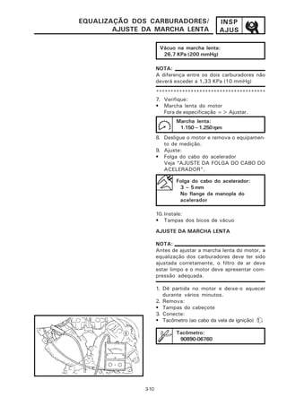 EQUALIZAÇÃO DOS CARBURADORES/                  INSP
        AJUSTE DA MARCHA LENTA                 AJUS

                       Vácuo na marcha lenta:
                        26,7 KPa (200 mmHg)

                      NOTA:
                      A diferença entre os dois carburadores não
                      deverá exceder a 1,33 KPa (10 mmHg)

                      **************************************
                      7. Verifique:
                      • Marcha lenta do motor
                         Fora de especificação => Ajustar.
                              Marcha lenta:
                               1.150~1.250 rpm
                      8. Desligue o motor e remova o equipamen-
                         to de medição.
                      9. Ajuste:
                      • Folga do cabo do acelerador
                         Veja “AJUSTE DA FOLGA DO CABO DO
                         ACELERADOR”.

                              Folga do cabo do acelerador:
                               3 ~ 5 mm
                               No flange da manopla do
                               acelerador

                      10. Instale:
                      • Tampas dos bicos de vácuo

                      AJUSTE DA MARCHA LENTA

                      NOTA:
                      Antes de ajustar a marcha lenta do motor, a
                      equalização dos carburadores deve ter sido
                      ajustada corretamente, o filtro de ar deve
                      estar limpo e o motor deve apresentar com-
                      pressão adequada.

                      1. Dê partida no motor e deixe-o aquecer
                         durante vários minutos.
                      2. Remova:
                      • Tampas do cabeçote
                      3. Conecte:
                      • Tacômetro (ao cabo da vela de ignição) 1 .

                              Tacômetro:
                               90890-06760




               3-10
 