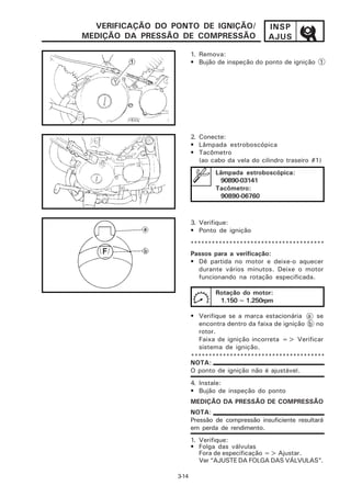 VERIFICAÇÃO DO PONTO DE IGNIÇÃO/                 INSP
MEDIÇÃO DA PRESSÃO DE COMPRESSÃO                   AJUS

                         1. Remova:
                         • Bujão de inspeção do ponto de ignição 1




                         2. Conecte:
                         • Lâmpada estroboscópica
                         • Tacômetro
                            (ao cabo da vela do cilindro traseiro #1)
                                 Lâmpada estroboscópica:
                                  90890-03141
                                 Tacômetro:
                                  90890-06760



                         3. Verifique:
                         • Ponto de ignição

                         **************************************
                         Passos para a verificação:
                         • Dê partida no motor e deixe-o aquecer
                           durante vários minutos. Deixe o motor
                           funcionando na rotação especificada.

                                 Rotação do motor:
                                  1.150 ~ 1.250rpm

                         • Verifique se a marca estacionária a se
                           encontra dentro da faixa de ignição b no
                           rotor.
                           Faixa de ignição incorreta => Verificar
                           sistema de ignição.
                         **************************************
                         NOTA:
                         O ponto de ignição não é ajustável.
                         4. Instale:
                         • Bujão de inspeção do ponto
                         MEDIÇÃO DA PRESSÃO DE COMPRESSÃO
                         NOTA:
                         Pressão de compressão insuficiente resultará
                         em perda de rendimento.
                         1. Verifique:
                         • Folga das válvulas
                            Fora de especificação => Ajustar.
                            Ver “AJUSTE DA FOLGA DAS VÁLVULAS”.

                  3-14
 