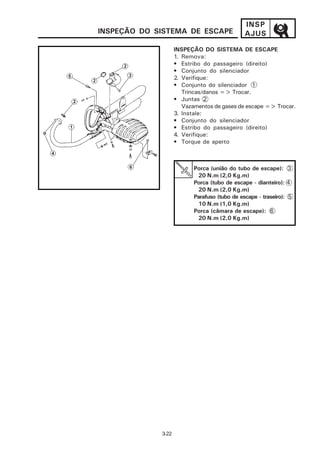 INSP
INSPEÇÃO DO SISTEMA DE ESCAPE                  AJUS

                    INSPEÇÃO DO SISTEMA DE ESCAPE
                    1. Remova:
                    • Estribo do passageiro (direito)
                    • Conjunto do silenciador
                    2. Verifique:
                    • Conjunto do silenciador 1
                       Trincas/danos => Trocar.
                    • Juntas 2
                       Vazamentos de gases de escape => Trocar.
                    3. Instale:
                    • Conjunto do silenciador
                    • Estribo do passageiro (direito)
                    4. Verifique:
                    • Torque de aperto



                           Porca (união do tubo de escape): 3
                            20 N.m (2,0 Kg.m)
                           Porca (tubo de escape - dianteiro): 4
                            20 N.m (2,0 Kg.m)
                           Parafuso (tubo de escape - traseiro): 5
                            10 N.m (1,0 Kg.m)
                           Porca (câmara de escape): 6
                            20 N.m (2,0 Kg.m)




             3-22
 