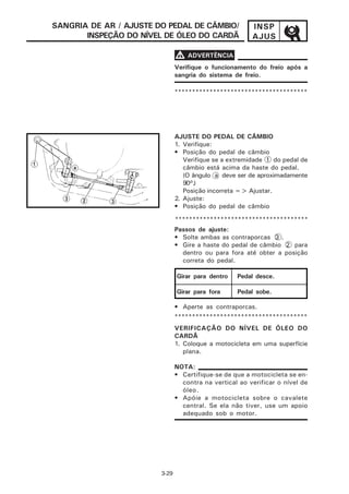 SANGRIA DE AR / AJUSTE DO PEDAL DE CÂMBIO/              INSP
       INSPEÇÃO DO NÍVEL DE ÓLEO DO CARDÃ               AJUS

                               V ADVERTÊNCIA
                               Verifique o funcionamento do freio após a
                               sangria do sistema de freio.

                               **************************************




                               AJUSTE DO PEDAL DE CÂMBIO
                               1. Verifique:
                               • Posição do pedal de câmbio
                                  Verifique se a extremidade 1 do pedal de
                                  câmbio está acima da haste do pedal.
                                  (O ângulo a deve ser de aproximadamente
                                  90°.)
                                  Posição incorreta => Ajustar.
                               2. Ajuste:
                               • Posição do pedal de câmbio

                               **************************************
                               Passos de ajuste:
                               • Solte ambas as contraporcas 3 .
                               • Gire a haste do pedal de câmbio 2 para
                                 dentro ou para fora até obter a posição
                                 correta do pedal.

                               Girar para dentro   Pedal desce.

                               Girar para fora     Pedal sobe.

                               • Aperte as contraporcas.
                               **************************************
                               VERIFICAÇÃO DO NÍVEL DE ÓLEO DO
                               CARDÃ
                               1. Coloque a motocicleta em uma superfície
                                  plana.

                               NOTA:
                               • Certifique-se de que a motocicleta se en-
                                 contra na vertical ao verificar o nível de
                                 óleo.
                               • Apóie a motocicleta sobre o cavalete
                                 central. Se ela não tiver, use um apoio
                                 adequado sob o motor.




                        3-29
 