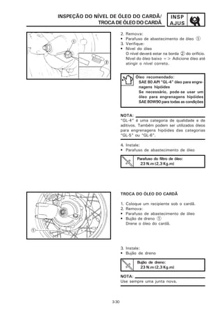 INSPEÇÃO DO NÍVEL DE ÓLEO DO CARDÃ/                    INSP
             TROCA DE ÓLEO DO CARDÃ                    AJUS
                         2.   Remova:
                         •    Parafuso de abastecimento de óleo 1
                         3.   Verifique:
                         •    Nível do óleo
                              O nível deverá estar na borda 2 do orifício.
                              Nível do óleo baixo => Adicione óleo até
                              atingir o nível correto.


                                   Óleo recomendado:
                                    SAE 80 API “GL-4” óleo para engre-
                                    nagens hipóides
                                    Se necessário, pode-se usar um
                                    óleo para engrenagens hipóides
                                    SAE 80W90 para todas as condições


                         NOTA:
                         “GL-4” é uma categoria de qualidade e de
                         aditivos. Também podem ser utilizados óleos
                         para engrenagens hipóides das categorias
                         “GL-5” ou “GL-6”.

                         4. Instale:
                         • Parafuso de abastecimento de óleo

                                    Parafuso do filtro de óleo:
                                     23 N.m (2,3 Kg.m)




                         TROCA DO ÓLEO DO CARDÃ

                         1.   Coloque um recipiente sob o cardã.
                         2.   Remova:
                         •    Parafuso de abastecimento de óleo
                         •    Bujão de dreno 1
                              Drene o óleo do cardã.




                         3. Instale:
                         • Bujão de dreno

                                    Bujão de dreno:
                                     23 N.m (2,3 Kg.m)

                         NOTA:
                         Use sempre uma junta nova.



                  3-30
 