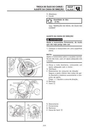 TROCA DE ÓLEO DO CARDÃ /               INSP
AJUSTE DA CAIXA DE DIREÇÃO               AJUS
              4. Abasteça:
              • Cardã

                        Quantidade de óleo:
                         0,19 L

                   Veja “INSPEÇÃO DO NÍVEL DE ÓLEO DO
                   CARDÃ”



              AJUSTE DA CAIXA DE DIREÇÃO

              V ADVERTENCIA
              Apóie a motocicleta firmemente, de modo
              que não haja perigo dela cair.

              1. Coloque a motocicleta em uma superfície
                 plana.

              NOTA:
              Apóie a motocicleta sobre o cavalete central.
              Se ela não tiver, usar um apoio adequado sob
              o motor.

              2. Eleve a roda dianteira, colocando um
                 apoio adequado sob o motor.
              3. Verifique:
              • Rolamentos do conjunto da direção
                 Segure a parte inferior dos tubos do gar-
                 fo dianteiro e balance suavemente o con-
                 junto do garfo.
                 Folga => Ajustar a caixa de direção.
              4. Remova:
              • Farol 1




              5.   Desconecte:
              •    Conectores
              6.   Remova:
              •    Caixa do farol 1




       3-31
 
