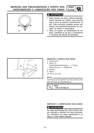 INSPEÇÃO DOS PNEUS/INSPEÇÃO E APERTO DOS                  INSP
  RAIOS/INSPEÇÃO E LUBRIFICAÇÃO DOS CABOS                 AJUS

                                V ADVERTÊNCIA
                                • Após montar um pneu, pilote moderada-
                                  mente durante um tempo, para permitir
                                  que o pneu se assente corretamente no
                                  aro. Caso contrário, poderão ocorrer aci-
                                  dentes com possíveis ferimentos no con-
                                  dutor ou danos à motocicleta.
                                • Após um reparo ou substituição de um
                                  pneu, certifique-se de que a contraporca
                                  1 da haste da válvula foi apertada.




                                INSPEÇÃO E APERTO DOS RAIOS
                                1. Inspecione:
                                • Raios 1
                                   Empenados/danificados => Trocar.
                                   Raios frouxos => Reapertar.
                                2. Aperte:
                                • Raios
                                2 Chave de raios

                                NOTA:
                                Certifique-se de apertar os raios antes e de-
                                pois da fase de amaciamento.

                                        Niple:
                                         3 N.m (0,3 Kg.m)




                                INSPEÇÃO E LUBRIFICAÇÃO DOS CABOS

                                V ADVERTÊNCIA
                                As capas danificadas dos cabos podem cau-
                                sar corrosão e interferir em seus movimen-
                                tos. Substitua as capas danificadas e os
                                cabos o mais rápido possível.




                         3-37
 