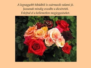 A legnagyobb hibádból is származik valami jó .  Jussanak mindig eszedbe a dicséretek. Felejtsd el a kellemetlen megjegyzéseket . 