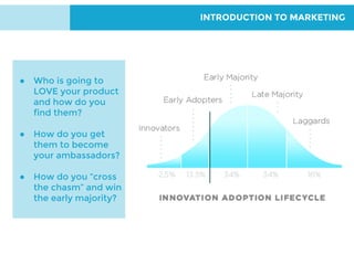 INTRODUCTION TO MARKETING
● Who is going to
LOVE your product
and how do you
find them?
● How do you get
them to become
your ambassadors?
● How do you “cross
the chasm” and win
the early majority?
 