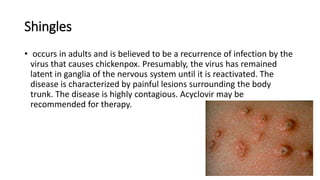 Shingles
• occurs in adults and is believed to be a recurrence of infection by the
virus that causes chickenpox. Presumably, the virus has remained
latent in ganglia of the nervous system until it is reactivated. The
disease is characterized by painful lesions surrounding the body
trunk. The disease is highly contagious. Acyclovir may be
recommended for therapy.
 